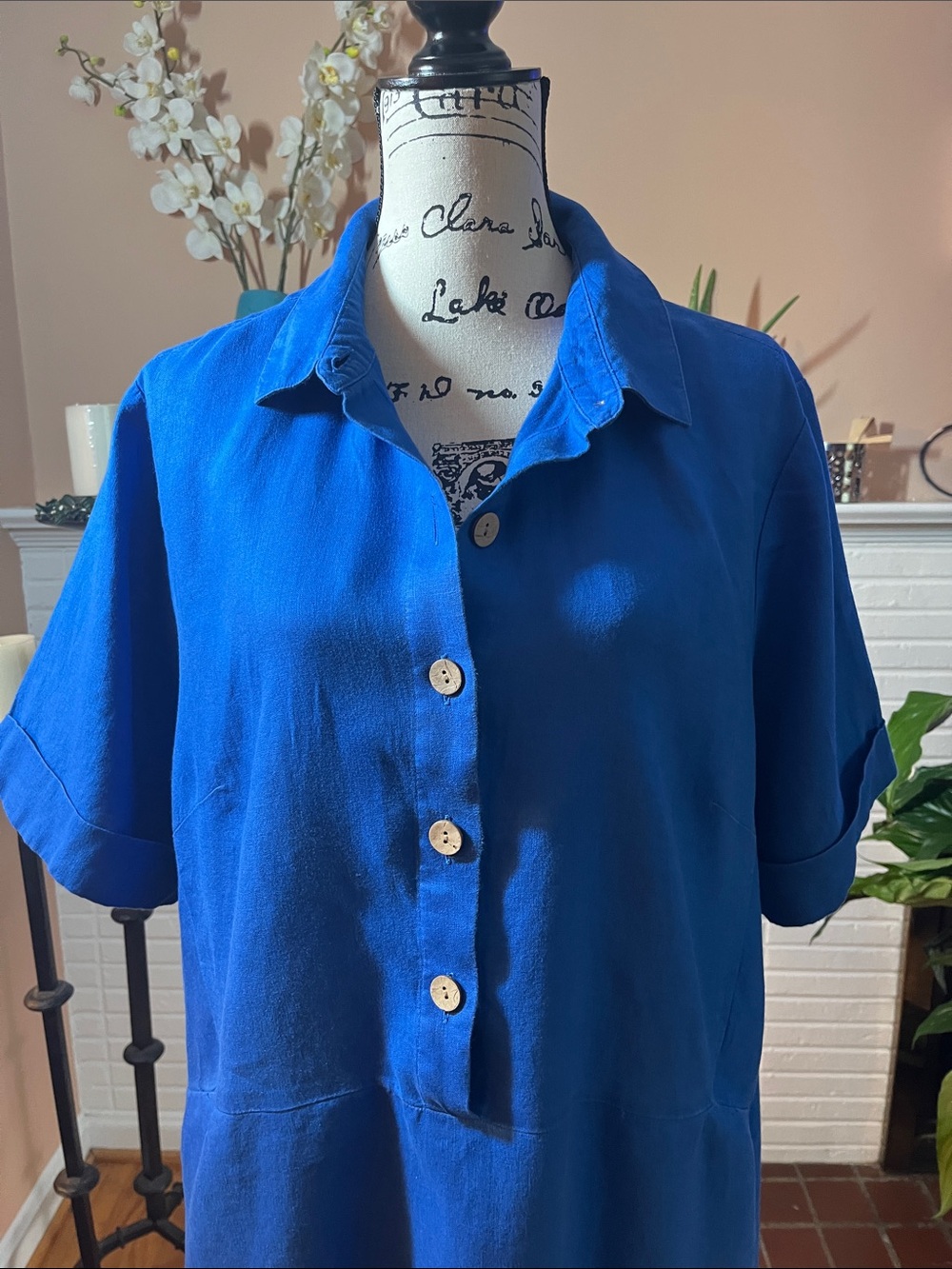 J.Jill Love Linen Bright Royal Blue Collared Button-Front Dress - Picture 2 of 8